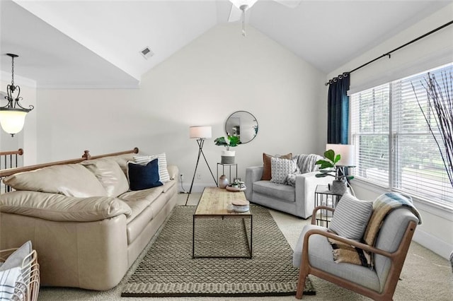1771 Silvergrass Ln, Grayson, GA 30017 - living room with vaulted ceiling, a ceiling fan, and light carpet