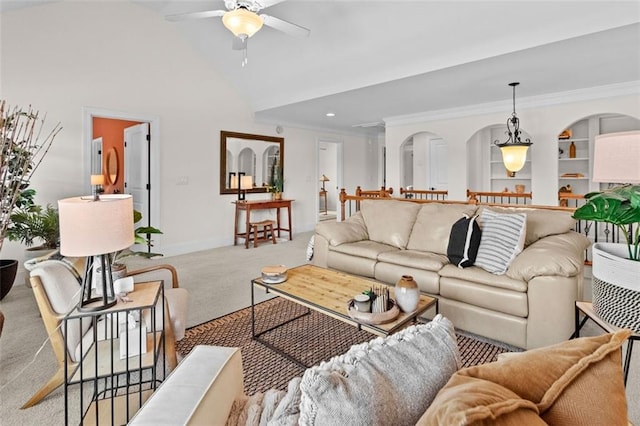 1771 Silvergrass Ln, Grayson, GA 30017 - living room featuring carpet flooring, ceiling fan, recessed lighting, high vaulted ceiling, and arched walkways