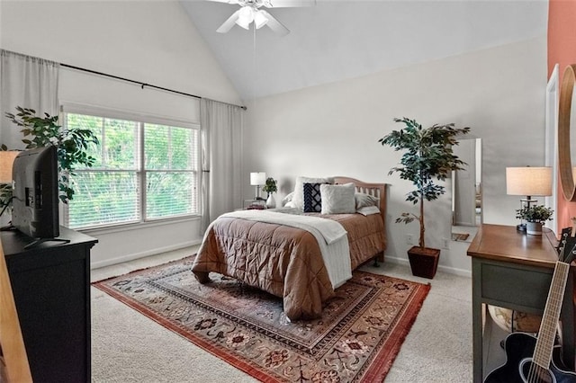 1771 Silvergrass Ln, Grayson, GA 30017 - carpeted bedroom with high vaulted ceiling and a ceiling fan
