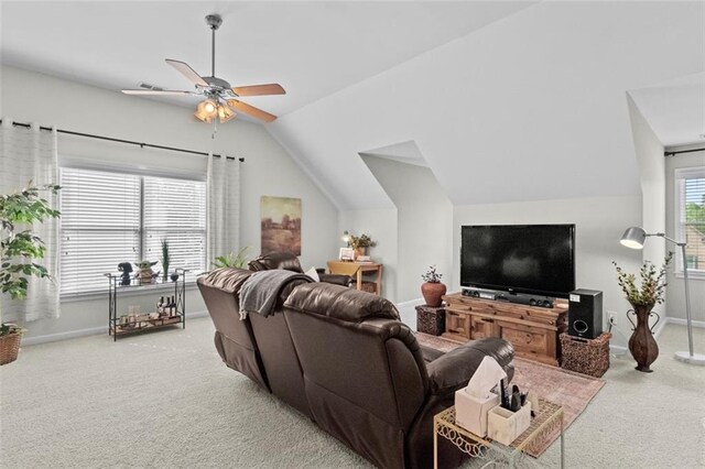 1771 Silvergrass Ln, Grayson, GA 30017 - living area with carpet flooring, lofted ceiling, and a ceiling fan