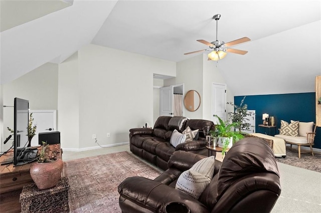 1771 Silvergrass Ln, Grayson, GA 30017 - living room featuring lofted ceiling, carpet flooring, and a ceiling fan