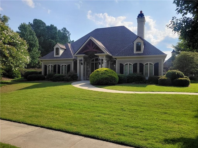 1771 Silvergrass Ln, Grayson, GA 30017 - french country home with a front yard and a chimney
