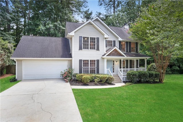 colonial-style house with a porch, a garage, and a front lawn