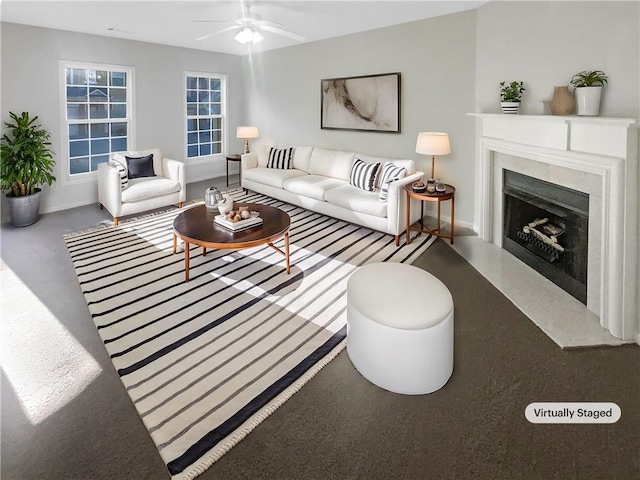 living room featuring ceiling fan