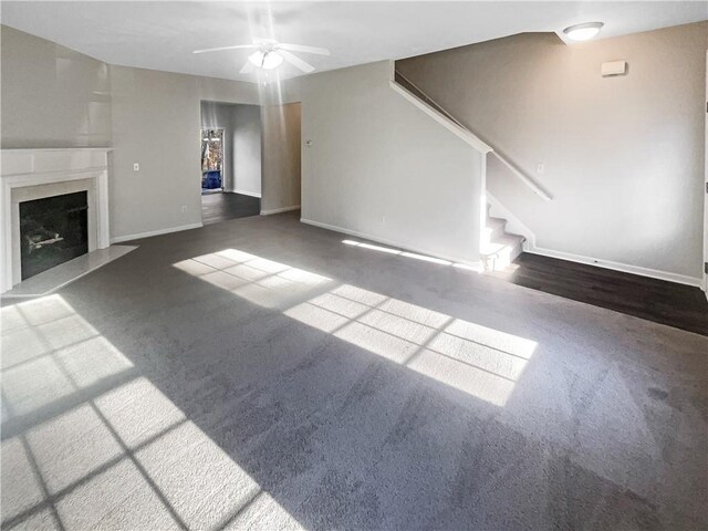 bedroom with vaulted ceiling, ceiling fan, and dark carpet