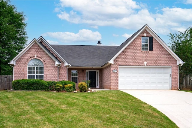 view of front of house with a front yard and a garage