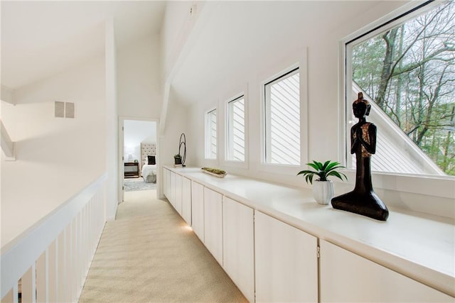 corridor featuring light colored carpet, a healthy amount of sunlight, and high vaulted ceiling