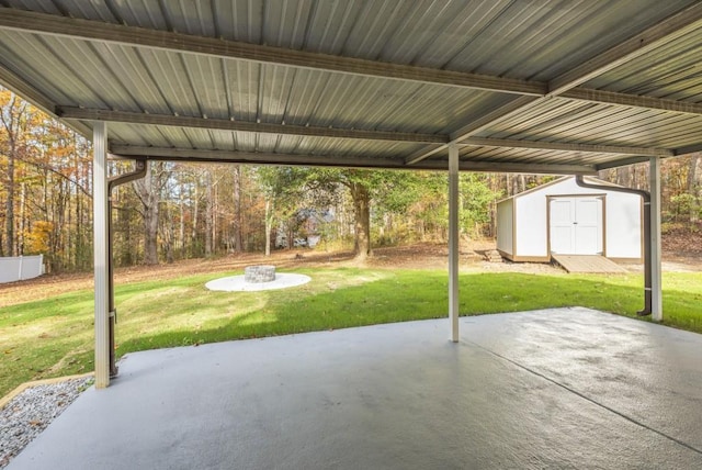 view of patio featuring a storage shed