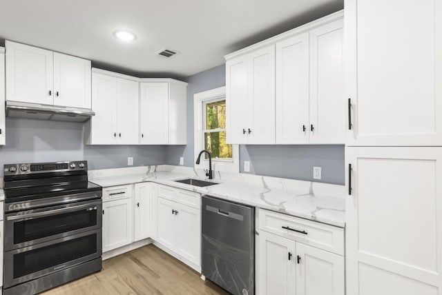 kitchen featuring sink, white cabinets, stainless steel appliances, and ventilation hood