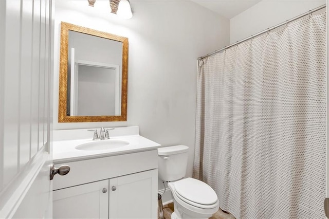 full bathroom with toilet, vanity, and a shower with curtain