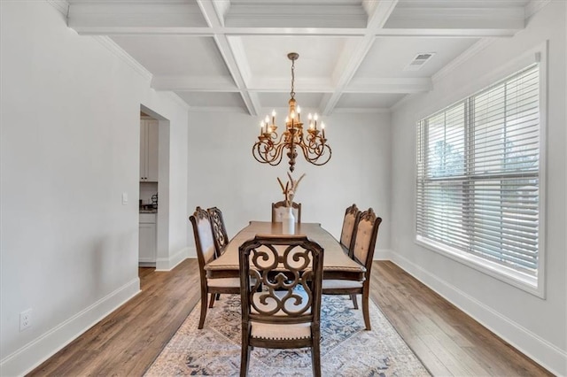 dining space with baseboards, beam ceiling, light wood-style flooring, an inviting chandelier, and coffered ceiling