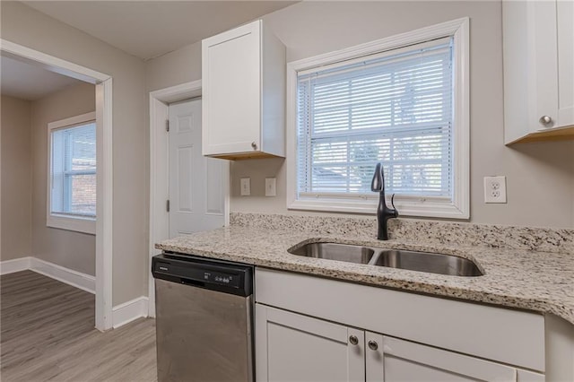 kitchen featuring dishwasher, a sink, light stone countertops, and white cabinets