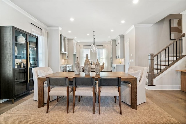 235 Briscoe Way Unit 7, Alpharetta, GA 30009 - dining space with stairway, baseboards, recessed lighting, ornamental molding, and light wood-type flooring