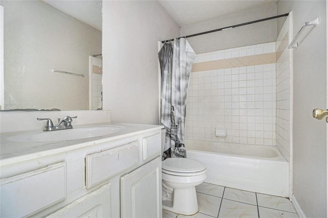 bathroom featuring shower / bath combo, tile patterned flooring, vanity, and toilet