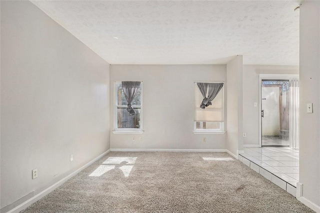 spare room with a healthy amount of sunlight, light carpet, a textured ceiling, and baseboards