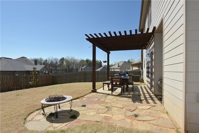 view of patio / terrace with a pergola and a fire pit