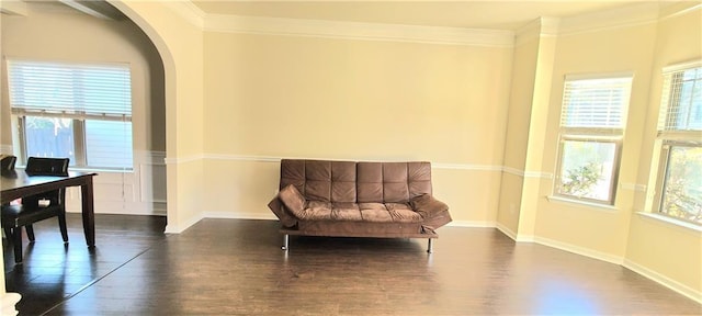 sitting room with crown molding, plenty of natural light, and dark hardwood / wood-style floors