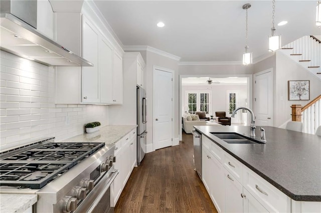 kitchen with ornamental molding, a sink, appliances with stainless steel finishes, wall chimney exhaust hood, and dark wood-style flooring