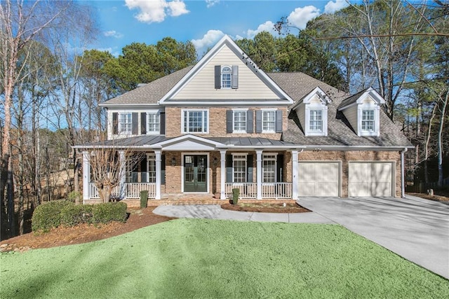 view of front facade featuring covered porch, a garage, and a front yard