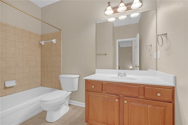 full bath featuring vanity, baseboards, tub / shower combination, and toilet