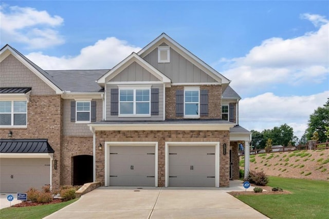1311 Park Center Cir, Austell, GA 30168 - view of front of property with an attached garage, concrete driveway, board and batten siding, brick siding, and a front yard