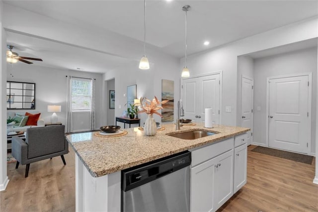 1311 Park Center Cir, Austell, GA 30168 - kitchen featuring dishwasher, white cabinetry, a kitchen island with sink, light wood-style flooring, and recessed lighting