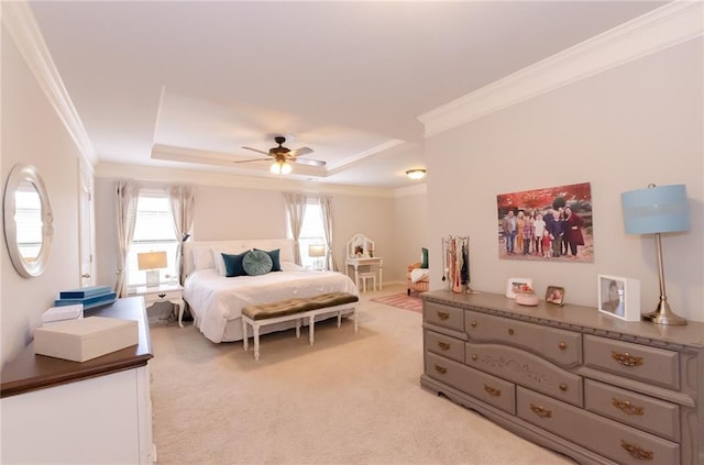 6828 New Fern Ln, Flowery Branch, GA 30542 - bedroom featuring a tray ceiling, crown molding, multiple windows, light carpet, and a ceiling fan