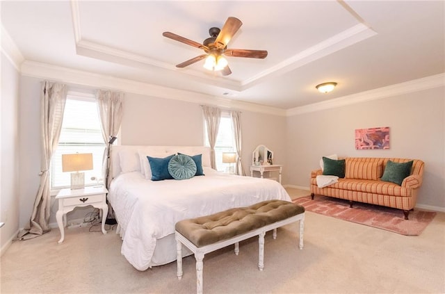 6828 New Fern Ln, Flowery Branch, GA 30542 - bedroom featuring a raised ceiling, ornamental molding, light colored carpet, and ceiling fan