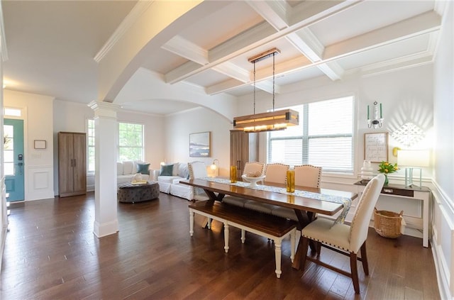 6828 New Fern Ln, Flowery Branch, GA 30542 - dining area with ornate columns, arched walkways, beamed ceiling, coffered ceiling, and dark wood finished floors