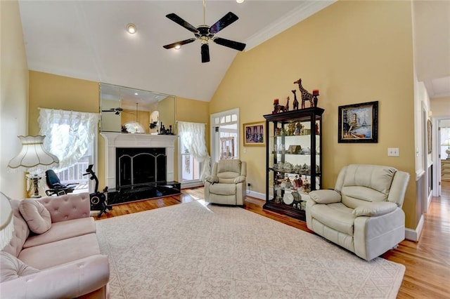 living room with high vaulted ceiling, a fireplace, and wood finished floors