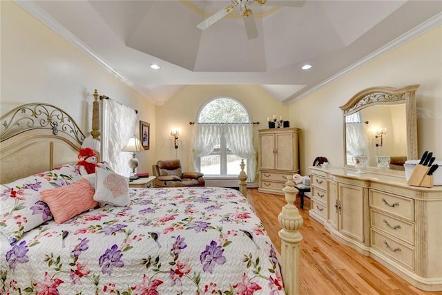 bedroom with light wood-style floors, lofted ceiling, ornamental molding, and recessed lighting