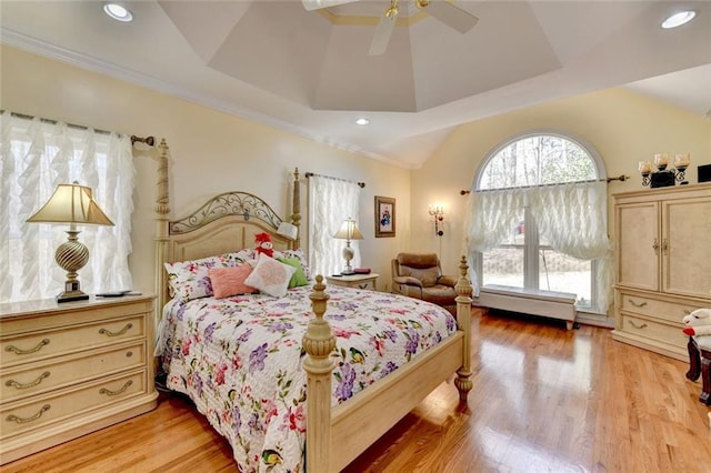 bedroom with multiple windows, light wood-type flooring, a ceiling fan, and recessed lighting