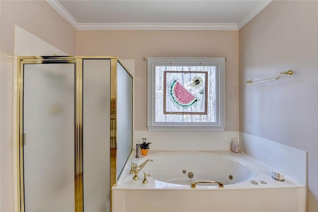 bathroom featuring ornamental molding, a jetted tub, and a stall shower