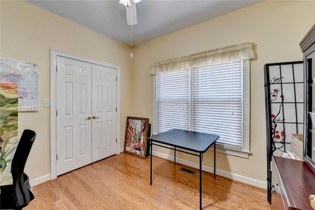 home office with light wood finished floors, baseboards, visible vents, and ceiling fan