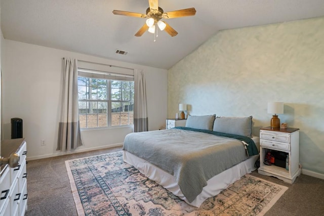 bedroom featuring vaulted ceiling, light carpet, visible vents, and baseboards