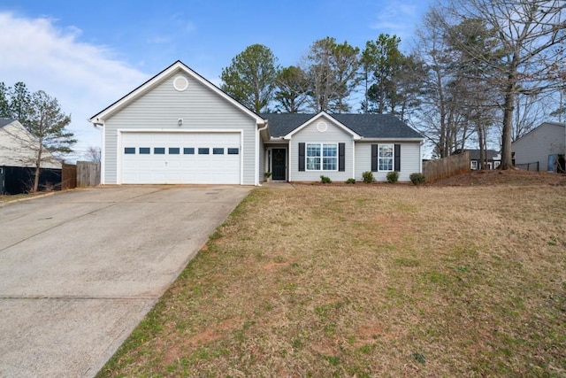 ranch-style house with a garage, concrete driveway, a front lawn, and fence