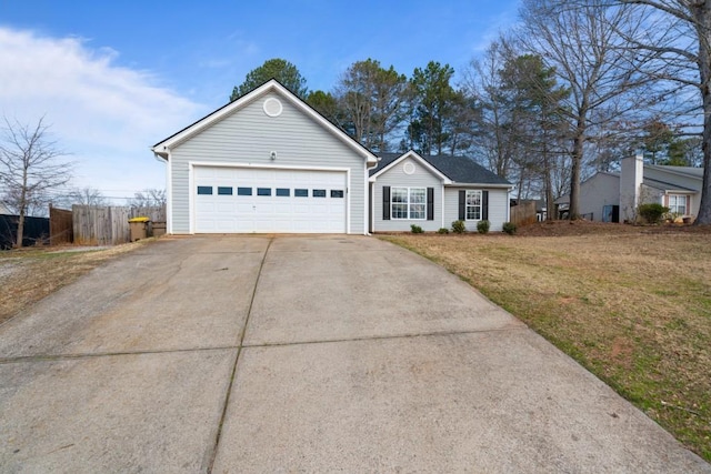 single story home featuring a garage, driveway, a front lawn, and fence