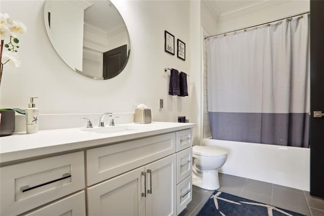 full bath featuring shower / bathtub combination with curtain, toilet, ornamental molding, vanity, and tile patterned floors