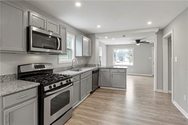 2309 Carver Dr NW, Atlanta, GA 30314 - kitchen featuring appliances with stainless steel finishes, a sink, gray cabinets, recessed lighting, and a peninsula