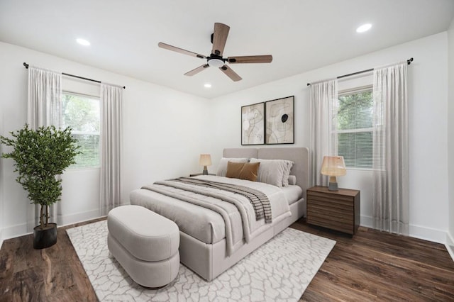 bedroom with recessed lighting, baseboards, a ceiling fan, and wood finished floors