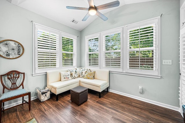 7731 Sleepy Lagoon Way, Flowery Branch, GA 30542 - living area featuring wood finished floors, a ceiling fan, and vaulted ceiling