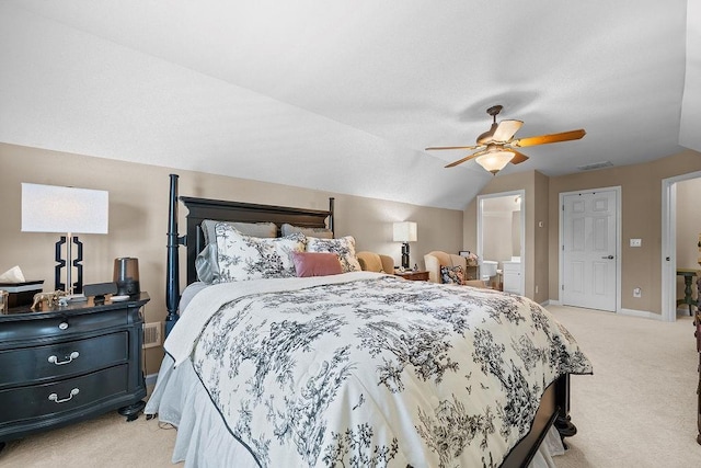 7731 Sleepy Lagoon Way, Flowery Branch, GA 30542 - bedroom featuring light carpet, lofted ceiling, and ceiling fan