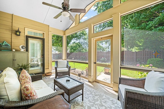 7731 Sleepy Lagoon Way, Flowery Branch, GA 30542 - sunroom featuring ceiling fan, an outdoor hangout area, and vaulted ceiling