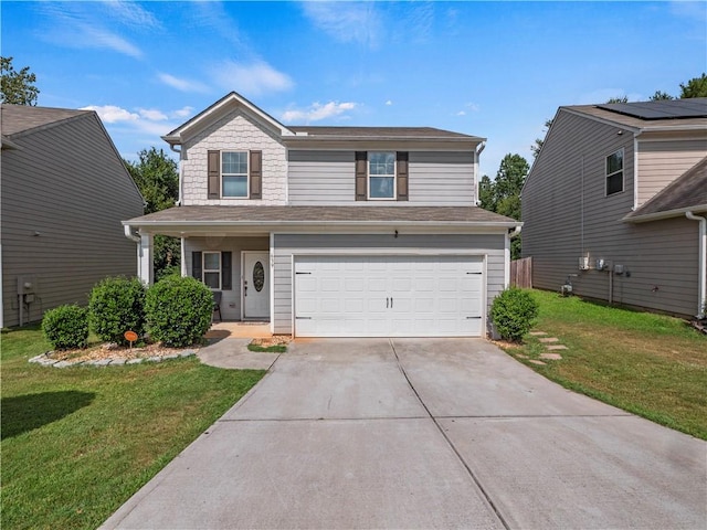 front facade featuring a garage and a front lawn