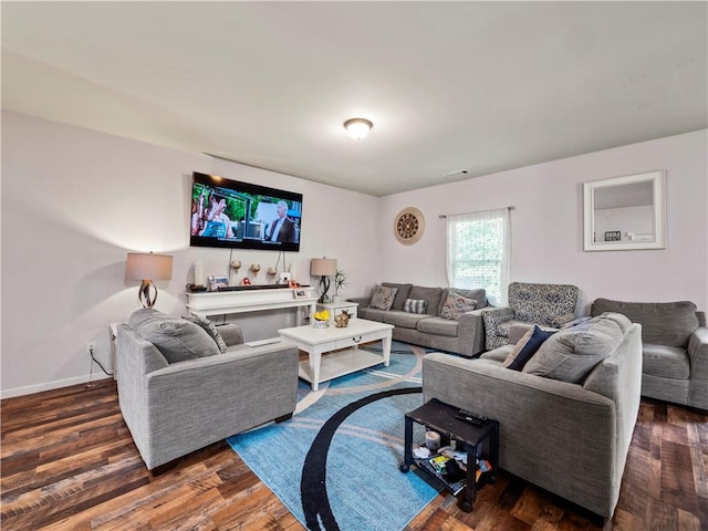 living room with dark hardwood / wood-style flooring