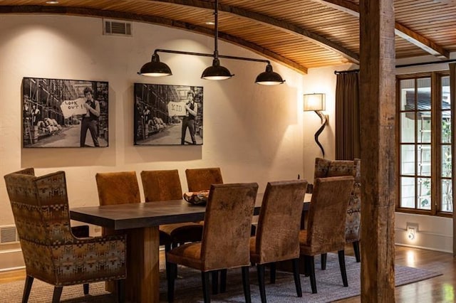 dining area featuring wood ceiling, lofted ceiling with beams, wood finished floors, and visible vents