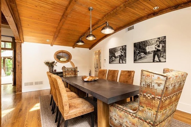dining area featuring visible vents, lofted ceiling with beams, wood finished floors, wooden ceiling, and baseboards