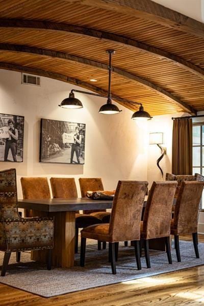 bar featuring wood-type flooring, visible vents, wooden ceiling, and beam ceiling