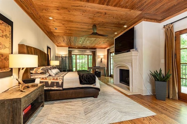 bedroom featuring wood ceiling, multiple windows, and wood finished floors