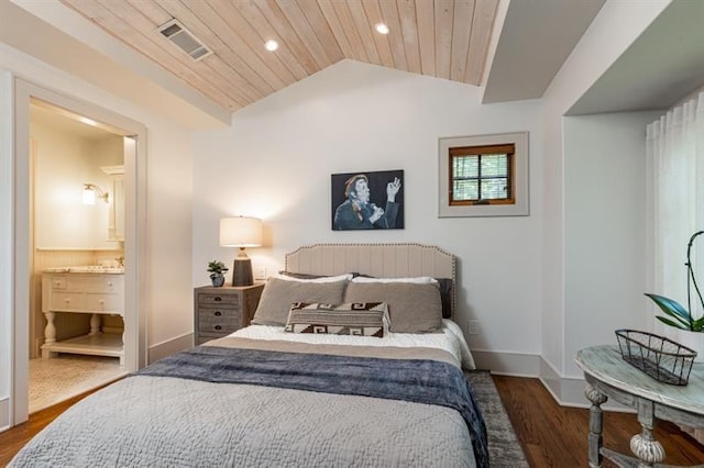 bedroom featuring vaulted ceiling, wooden ceiling, wood finished floors, and visible vents
